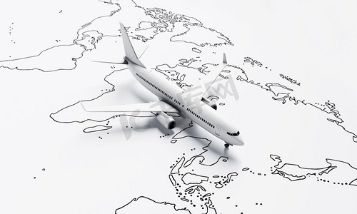 飞机在白纸地图上飞过，世界旅行的背景。旅行和旅游欲的概念。3D插图渲染