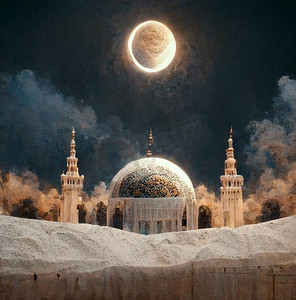 背景伊斯兰节日开斋节穆巴拉克清真寺和月亮数字艺术