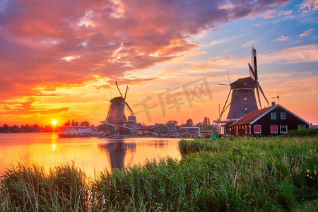日落、船、荷兰、风车