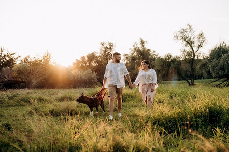 大狗散步与一个男孩和一个女孩在绿色草原