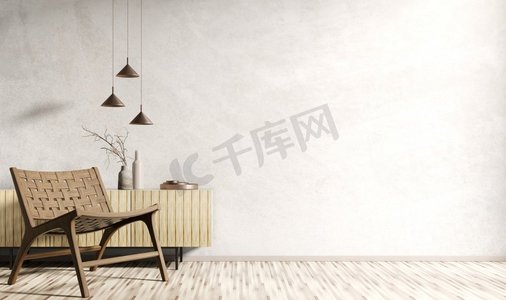 现代客厅内饰，木质橱柜和扶手椅，家居设计，灰泥墙壁，复制空间3D渲染