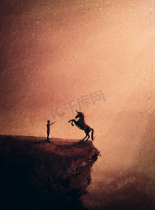 勇敢的人摄影照片_神话中的野生独角兽被一个勇敢的人驯服在悬崖边。奇妙的画与神奇生物。冒险概念