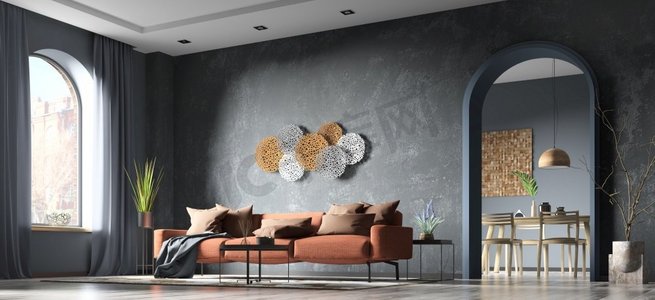 现代室内设计客厅与橙色沙发，公寓与黑色混凝土灰泥墙和拱形门，家设计3d渲染
