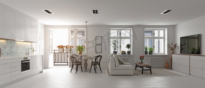 现代客厅室内设计，木质家具，白色厨房，中性配色方案。3D概念渲染。现代客厅室内设计