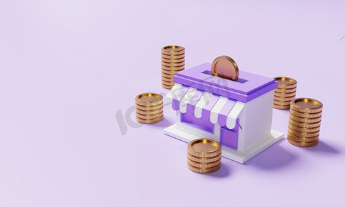 有堆叠金币的超级市场商店在紫色背景。金融和经济概念。3D插图渲染