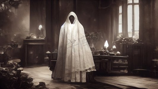 废弃建筑中白衣鬼魂的恐怖万圣节婚纱美女