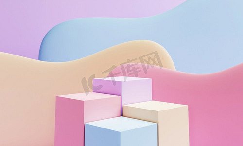 抽象几何形状的粉彩为产品讲台背景。艺术与色彩概念。3D插图渲染