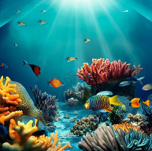 五颜六色摄影照片_五颜六色的水下世界背景珊瑚礁和鱼数字艺术