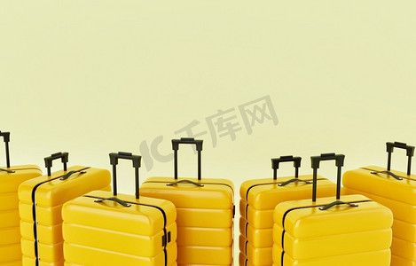 孤立背景上的一组黄色手推车行李箱。旅游客体和旅游欲概念。3D插图渲染