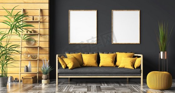 现代客厅的内部设计有黑色沙发在有两个海报的mockup墙壁，木镶板，家设计3d渲染