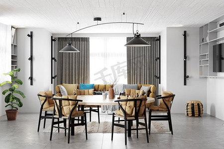 现代客厅室内设计，木质家具，白色厨房，中性配色方案。现代客厅室内设计