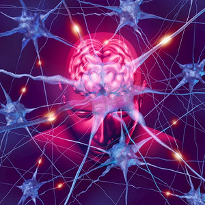 神经紧张摄影照片_人脑神经学和活跃神经元的连接作为神经系统解剖和神经活动的3D渲染元素。
