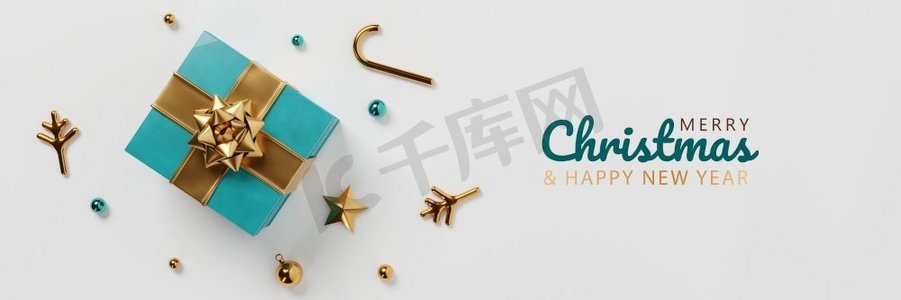圣诞快乐和新年快乐装饰道具和装饰品在白色背景。节日和冬季概念。3D插图渲染。