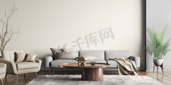 现代公寓，灰色沙发在当代客厅，米色扶手椅，墙壁模型在家设计的室内设计。3d渲染