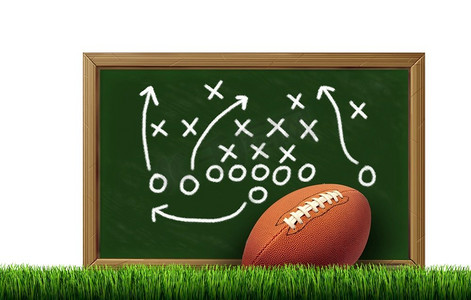 足球比赛战略是一种运动计划，在运动场上有一个战略计划黑板，带有3D插图元素。