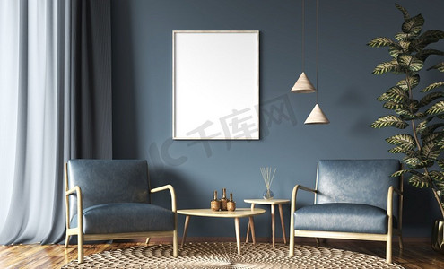 客厅的室内设计有咖啡桌，枝形吊灯和两个扶手椅在蓝色墙壁，窗口，模拟海报，家设计3d渲染