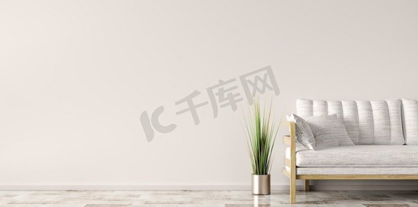 现代客厅的室内设计与米色沙发在模拟墙壁3d渲染