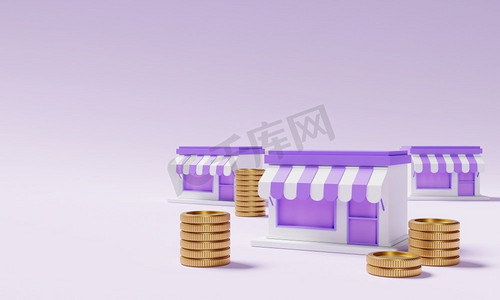 有堆叠金币的超级市场商店在紫色背景。金融和经济概念。3D插图渲染