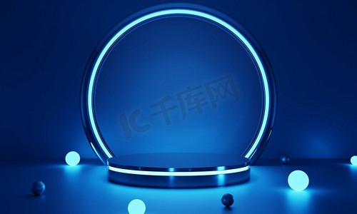 Cyberpunk蓝色空讲台与发光灯在黑暗中的产品介绍。科技和科幻概念。3D插图渲染