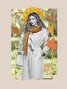 抽象艺术拼贴画年轻妇女在白色外套。秋季概念时尚艺术设计在一个现代风格