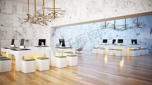 现代办公室设计理念。3D渲染企业内部