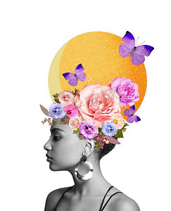 抽象艺术拼贴画一个年轻的非洲妇女与花在她的头上。现代风格的概念时装艺术设计