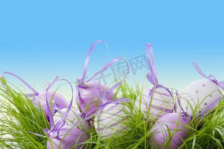 可爱的鸡蛋与紫色丝带复活节