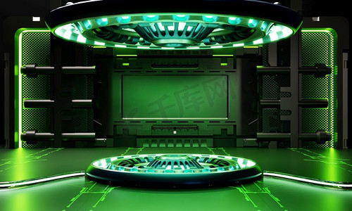 科幻产品讲台展示在宇宙飞船与绿光背景。空间技术和物体概念。3D插图渲染
