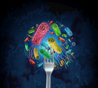 大肠杆菌疾病菌株病例作为医疗健康风险概念,叉子上的病原体细胞作为