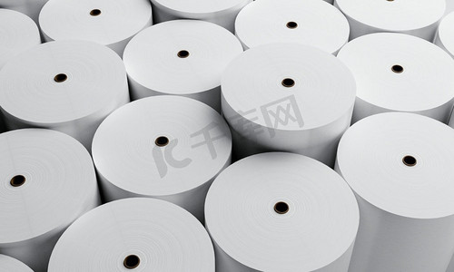 圆商业摄影照片_白纸卷筒生产工业工厂背景。商业和制造概念。3D插图渲染