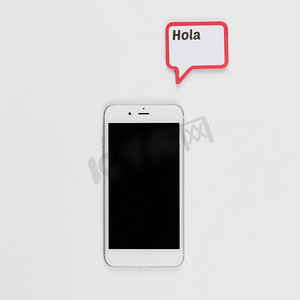 边框手机摄影照片_带有Hola铭文的智能手机边框