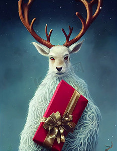 可爱的驯鹿拿着圣诞礼物盒3d插图
