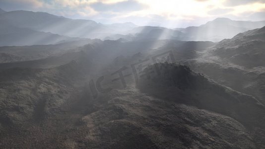 黑色迷雾摄影照片_迷雾中的山和石质的沙漠