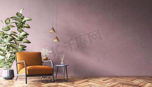 客厅的内部有咖啡桌，植物和橙色扶手椅在红色模拟墙壁与复制空间3d渲染