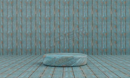 蓝绿色粗糙的木质讲台背景。广告概念的抽象和客体。3D插图渲染