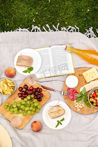 休闲和饮食概念—在夏季公园野餐毯上的食物和饮料特写镜头。关闭食物和饮料在野餐毯子