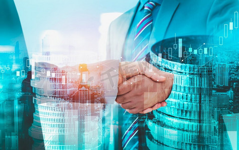 关于金融繁荣和货币技术资产背景的商业握手.电视屏幕美女