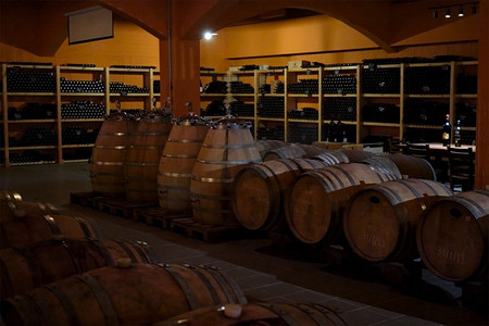 酒庄的酒窖里有木制的酒桶。克里特岛，希腊。酒庄酒窖，配有酒桶