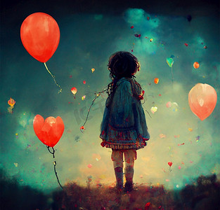 粉红色卡通气球摄影照片_小女孩在童话世界与红心气球