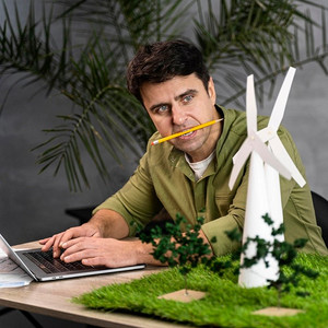 男人用铅笔他的嘴工作环保风力发电项目
