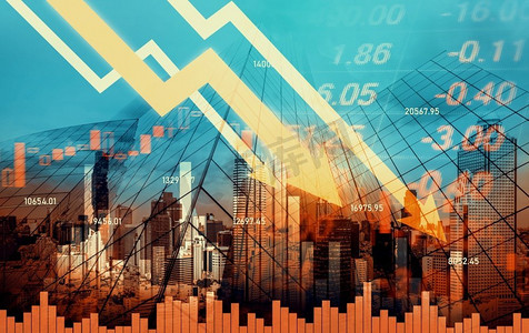 下降的图表和数字指标显示的经济危机概念与现代城市背景重叠.