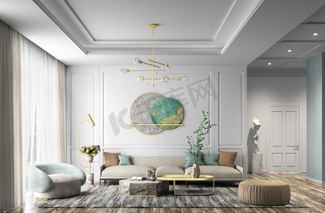 公寓的现代室内设计，客厅与米色沙发，大理石咖啡桌和扶手椅3d渲染