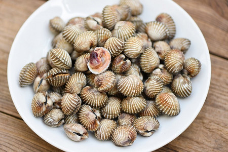 白盘木底贝壳，新鲜贝类鲜血贝壳海洋美食海鲜餐厅