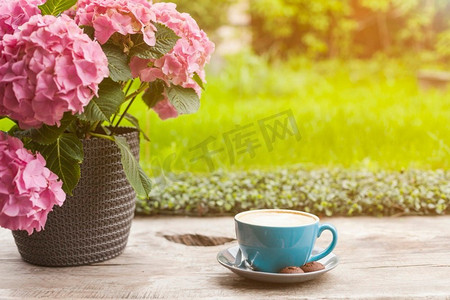 木质花盆摄影照片_漂亮的粉红色花盆咖啡杯木质表面