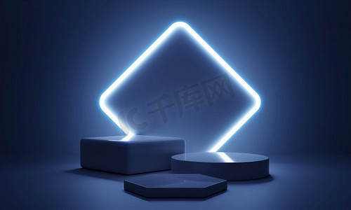 Cyberpunk蓝色空讲台与发光的灯框架在黑暗中的产品介绍。科技和科幻概念。3D插图渲染