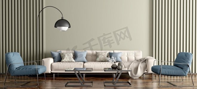 公寓的现代室内设计，客厅与米色沙发和蓝色扶手椅，家3d渲染