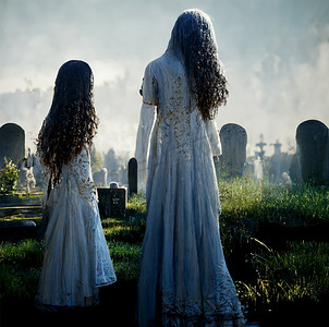 两个鬼妇女在墓地万圣节背景