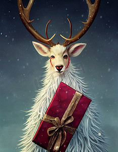 可爱的圣诞鹿摄影照片_可爱的驯鹿拿着圣诞礼盒3D插图