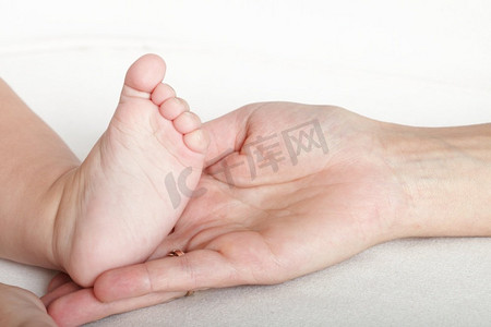 婴儿脚在母亲手中在白色背景