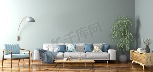 公寓，客厅与灰色沙发，餐具柜和蓝色扶手椅3d渲染的现代室内设计